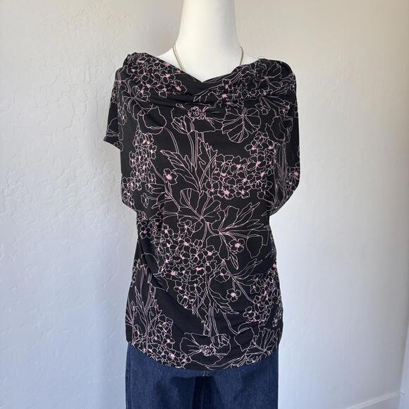 Vintage y2k floral black & pink cowl neck blouse - Picture 3 of 4